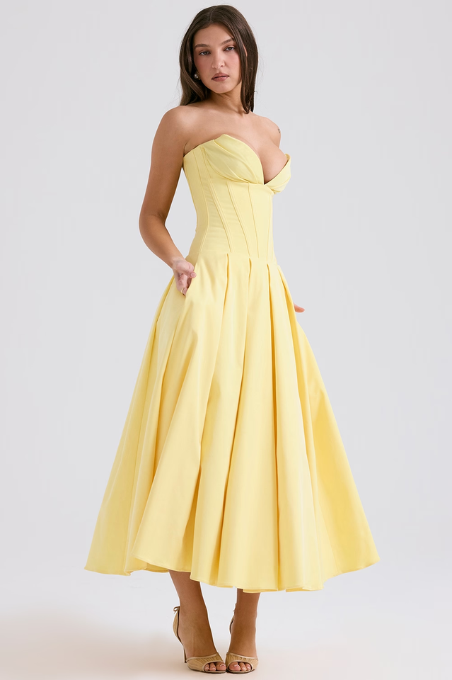 Strapless Plunging V-Neck Corset Bodice Box Pleat A-Line Midi Dress