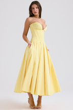 Strapless Plunging V-Neck Corset Bodice Box Pleat A-Line Midi Dress
