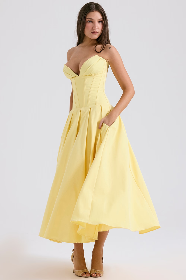 Strapless Plunging V-Neck Corset Bodice Box Pleat A-Line Midi Dress