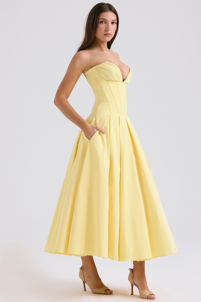 Strapless Plunging V-Neck Corset Bodice Box Pleat A-Line Midi Dress
