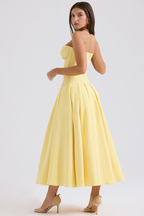 Strapless Plunging V-Neck Corset Bodice Box Pleat A-Line Midi Dress