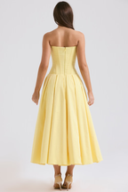 Strapless Plunging V-Neck Corset Bodice Box Pleat A-Line Midi Dress