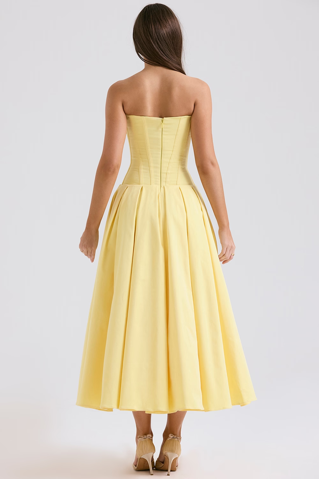 Strapless Plunging V-Neck Corset Bodice Box Pleat A-Line Midi Dress
