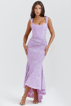 Off Shoulder Corset Jacquard Ruched High Low Maxi Dress