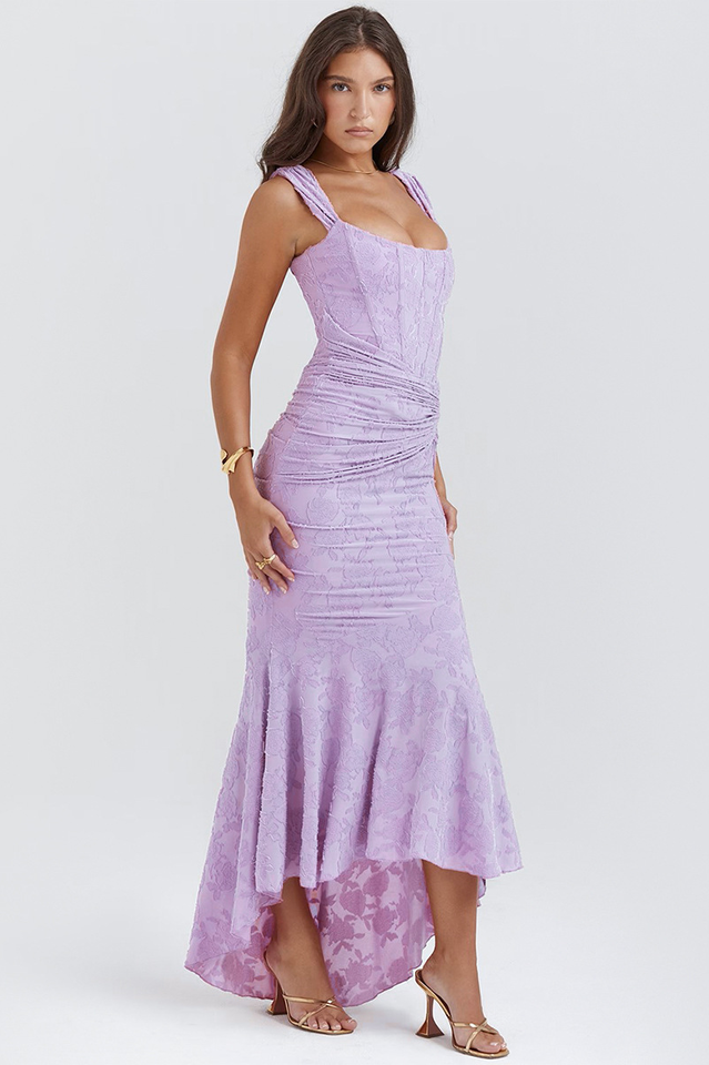 Off Shoulder Corset Jacquard Ruched High Low Maxi Dress