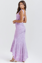 Off Shoulder Corset Jacquard Ruched High Low Maxi Dress