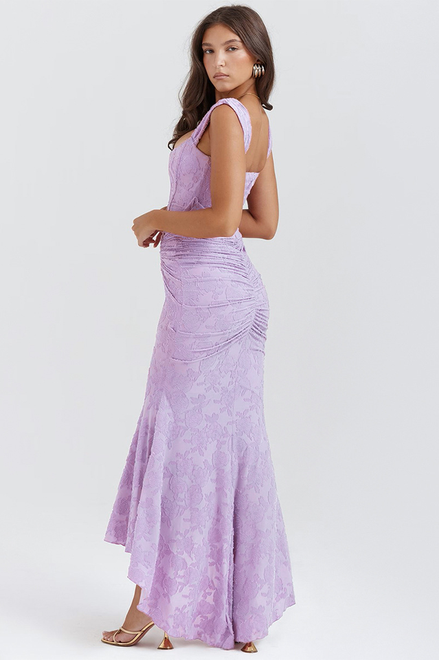 Off Shoulder Corset Jacquard Ruched High Low Maxi Dress