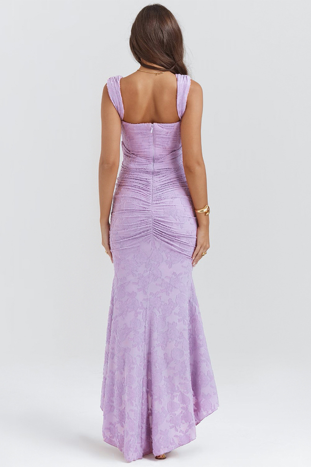 Off Shoulder Corset Jacquard Ruched High Low Maxi Dress