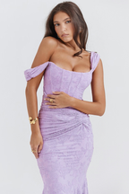 Off Shoulder Corset Jacquard Ruched High Low Maxi Dress