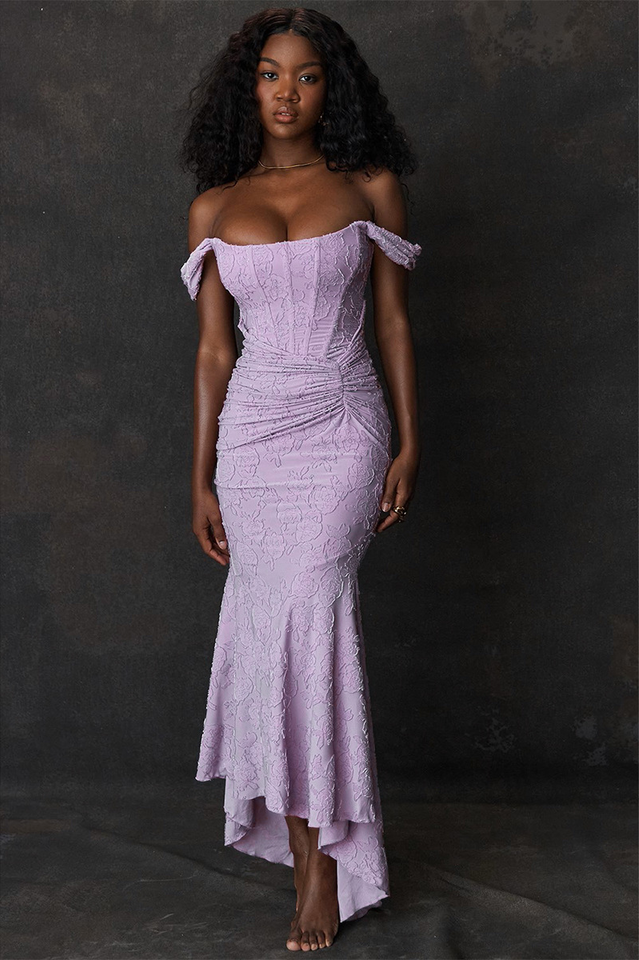 Off Shoulder Corset Jacquard Ruched High Low Maxi Dress