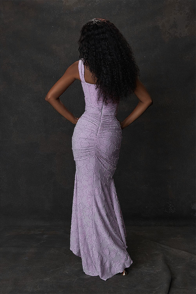 Off Shoulder Corset Jacquard Ruched High Low Maxi Dress