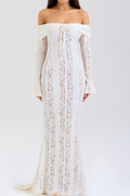 Off Shoulder Lace-Up Front Floral Lace Bell Sleeve Mermaid Maxi Dress