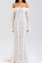 Off Shoulder Lace-Up Front Floral Lace Bell Sleeve Mermaid Maxi Dress