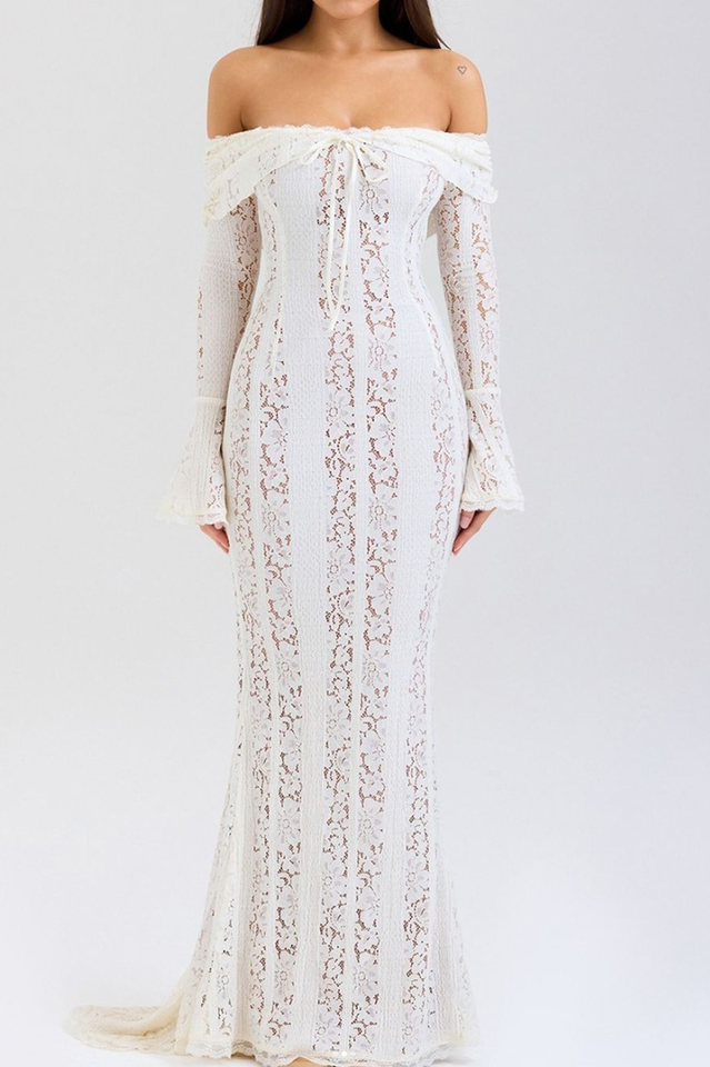Off Shoulder Lace-Up Front Floral Lace Bell Sleeve Mermaid Maxi Dress