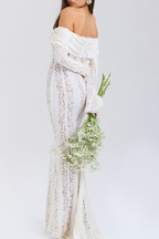 Off Shoulder Lace-Up Front Floral Lace Bell Sleeve Mermaid Maxi Dress