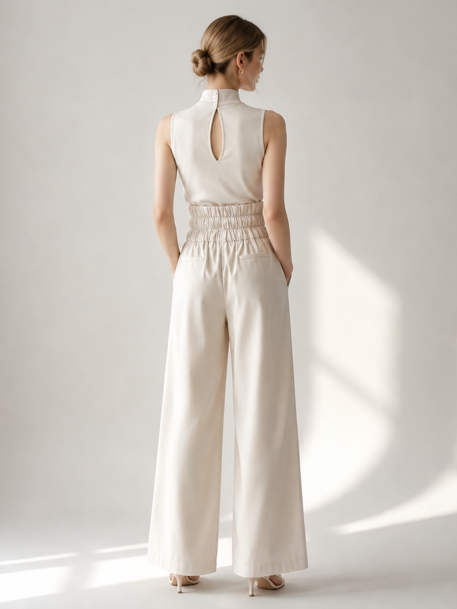 Two Piece Sets Pant Set Maxi Dresses Ecru White High Collar Sleeveless Elegant Sets