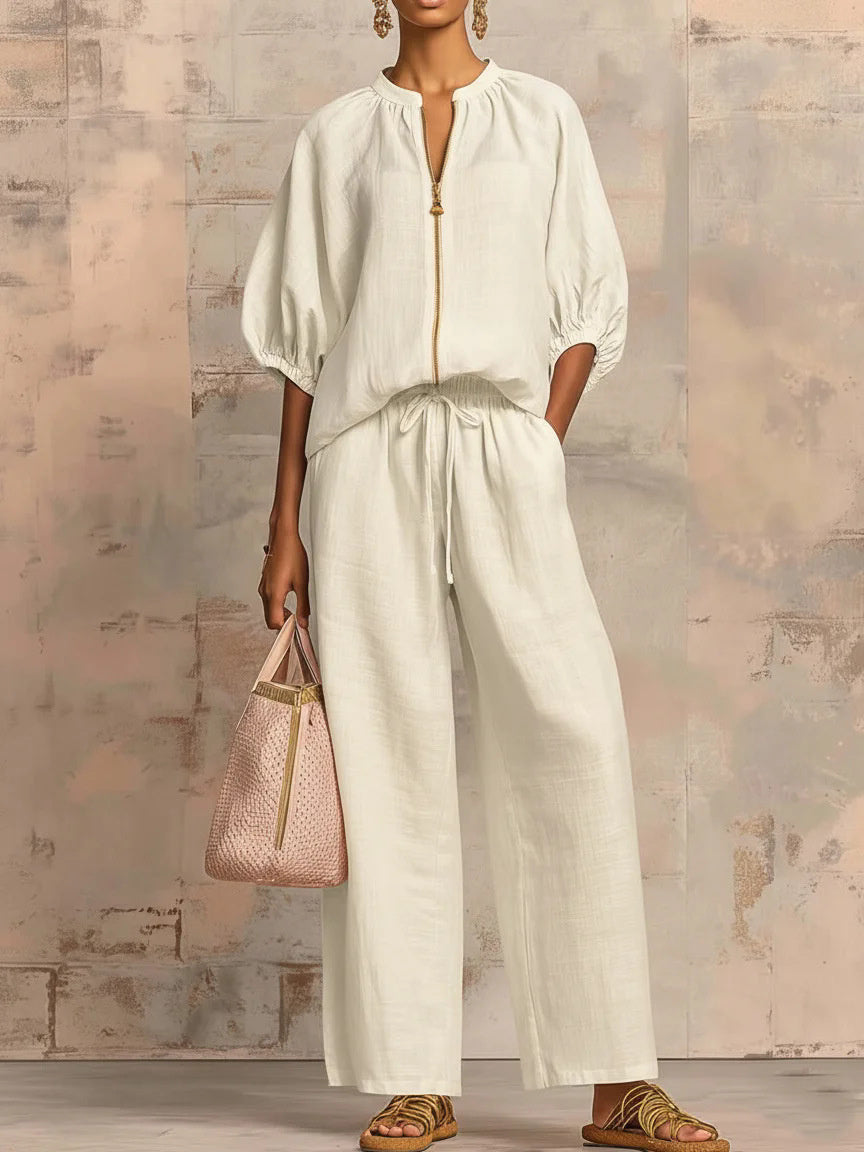 Relaxed Solid Color Top And Wide-leg Pants Two-piece Set