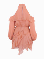 High Neck Cold Shoulder Ruffle Layered Lantern Sleeve Mini Dress For Women 2026