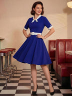 Vintage Dress 1950s Yellow Two-Tone Bows Short Sleeves Embellished Collar Medium Swing Dress