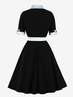 Vintage Dress 1950s Yellow Two-Tone Bows Short Sleeves Embellished Collar Medium Swing Dress