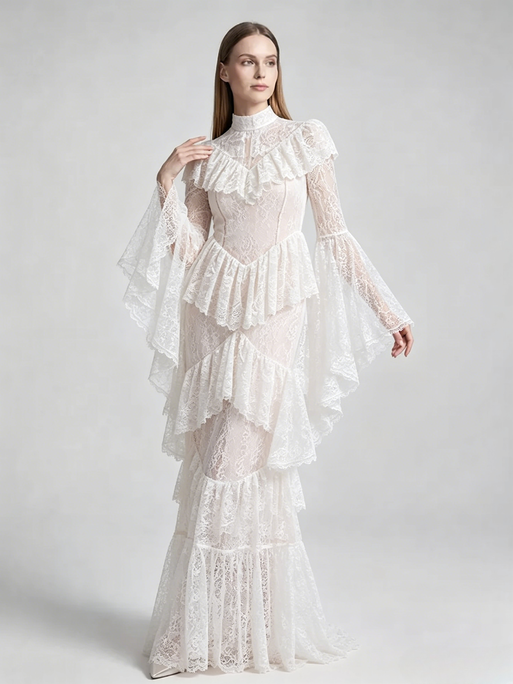 Party Dress Maxi White Stand Collar Lace Long Sleeves Shaping Flared Sleeves Chic Semi Formal Dress