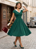 V Neck Contrast Lapel Ruched Retro A-line Swing Dress For Women 2026