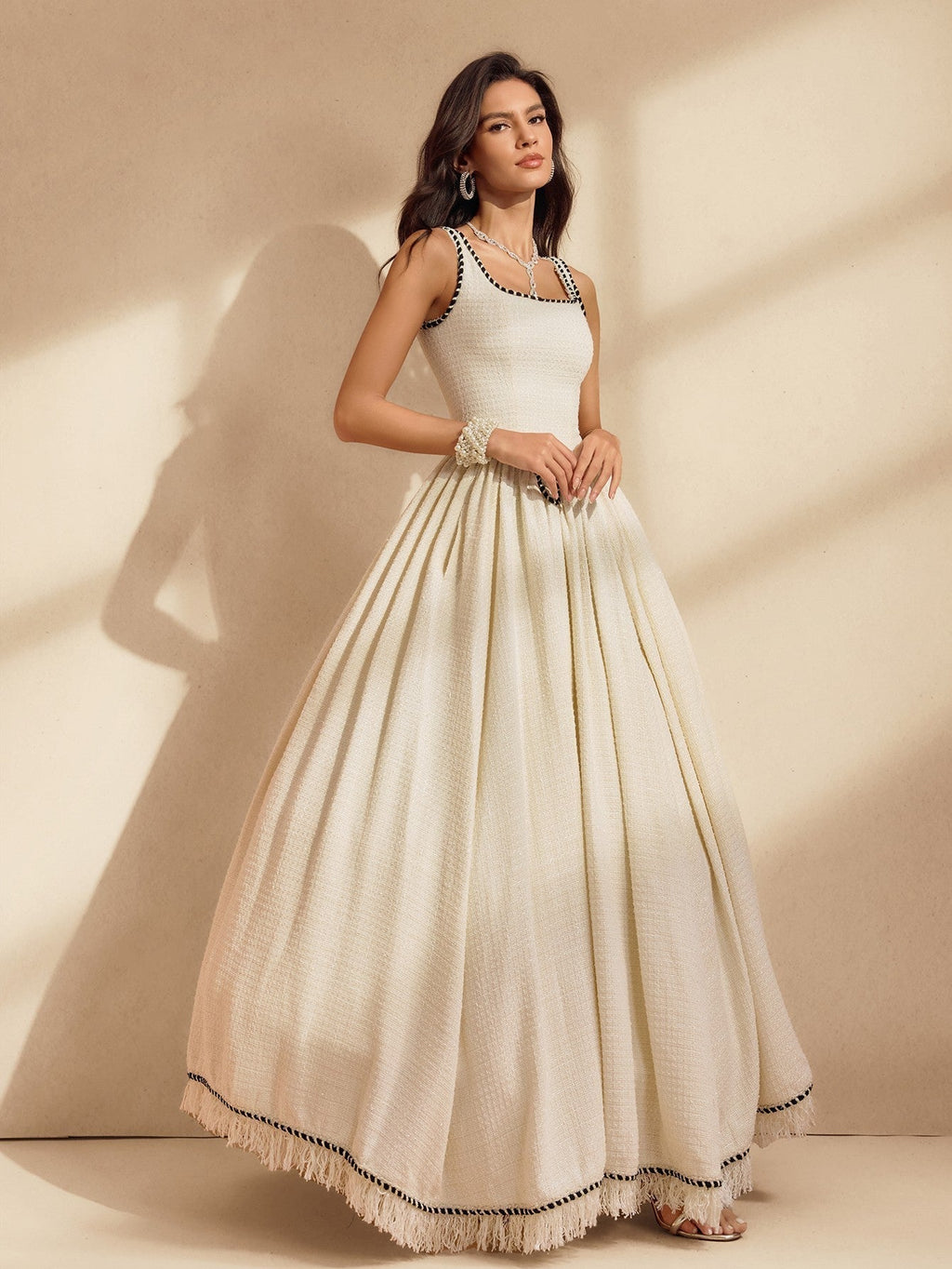 Square Neck Sleeveless Tweed Bouclé Dropped Waist Pleated Pocket Maxi Dress