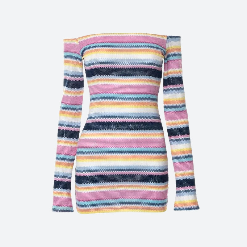 Off Shoulder Horizontal Stripe Ribbed Knit Bodycon Mini Dress