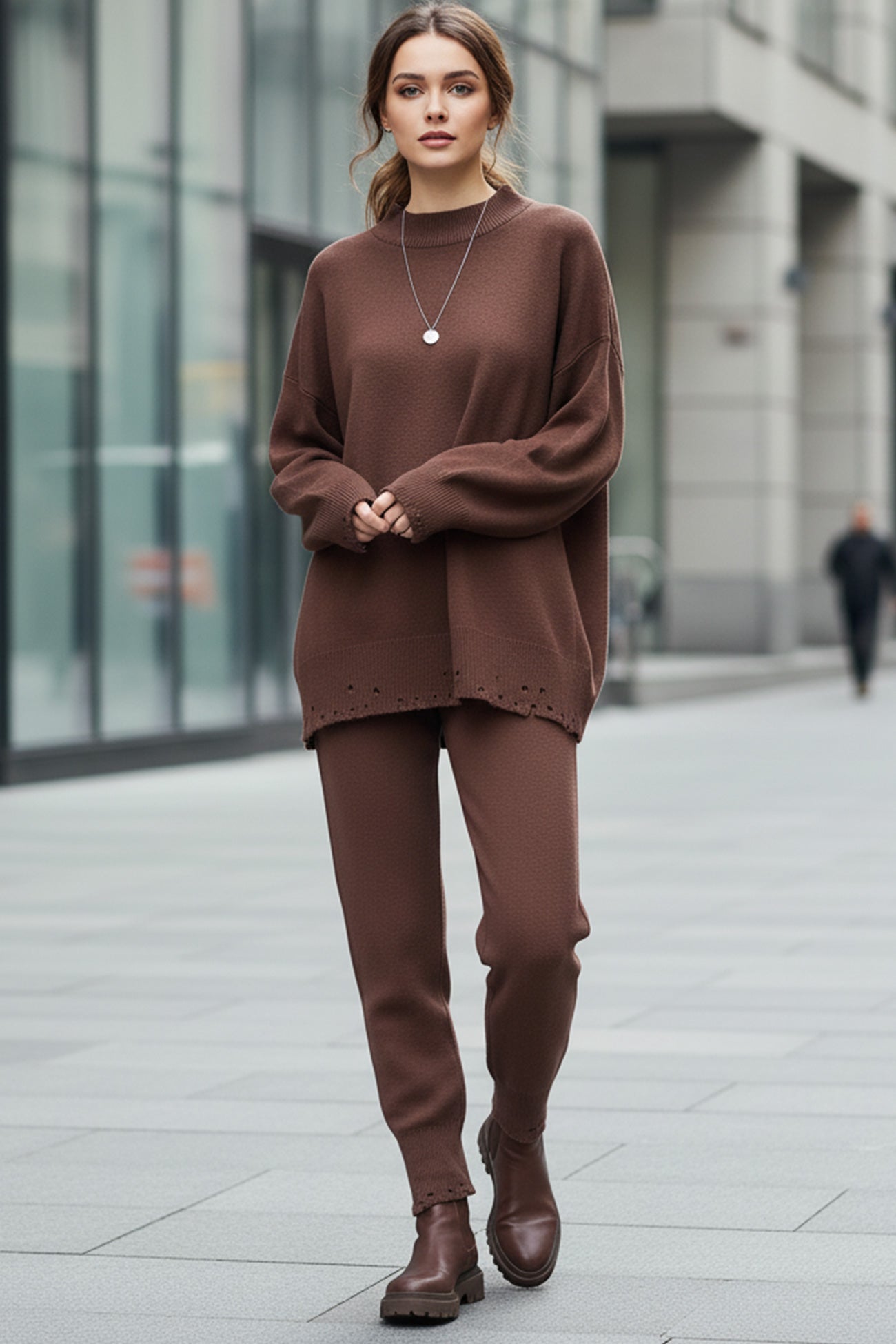 Raw Edge Crew Neck Sweater Set