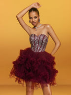 Strapless Rhinestone Bustier Tiered Tulle Ruffle Mini Dress