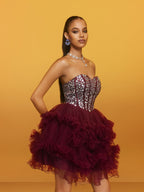 Strapless Rhinestone Bustier Tiered Tulle Ruffle Mini Dress