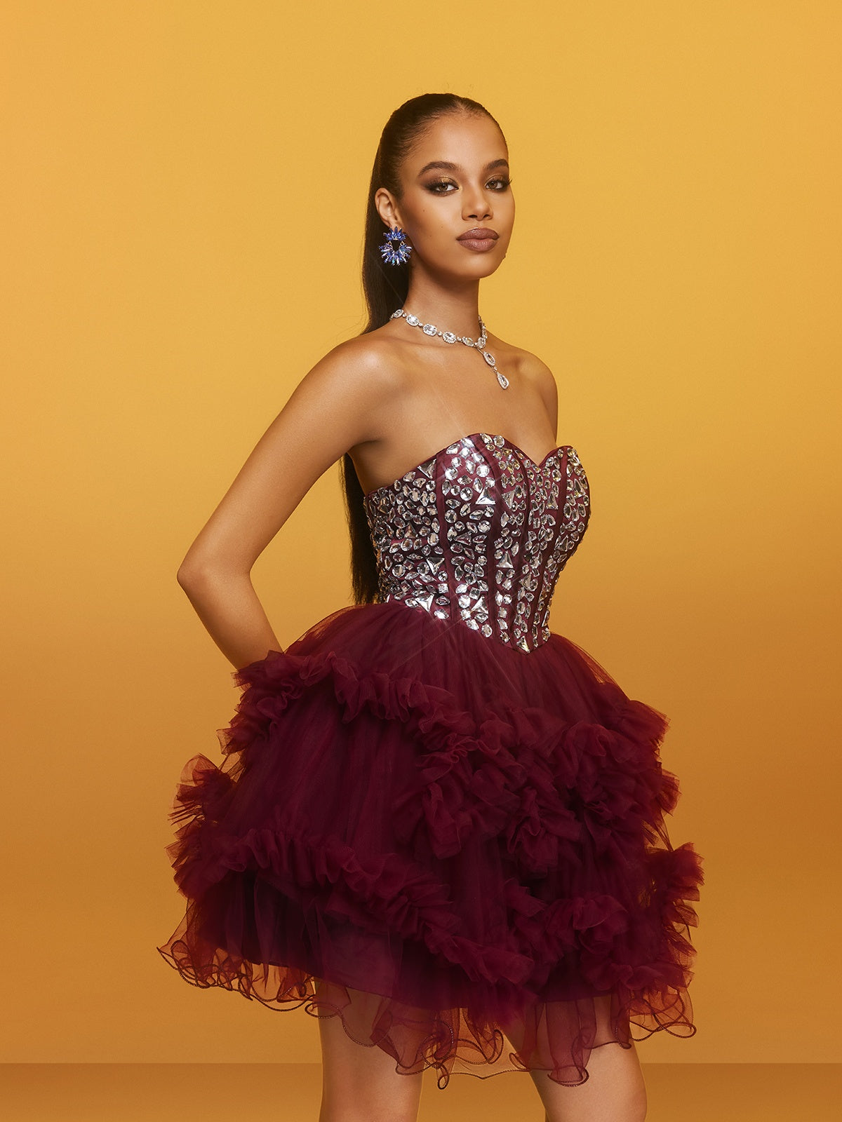 Strapless Rhinestone Bustier Tiered Tulle Ruffle Mini Dress