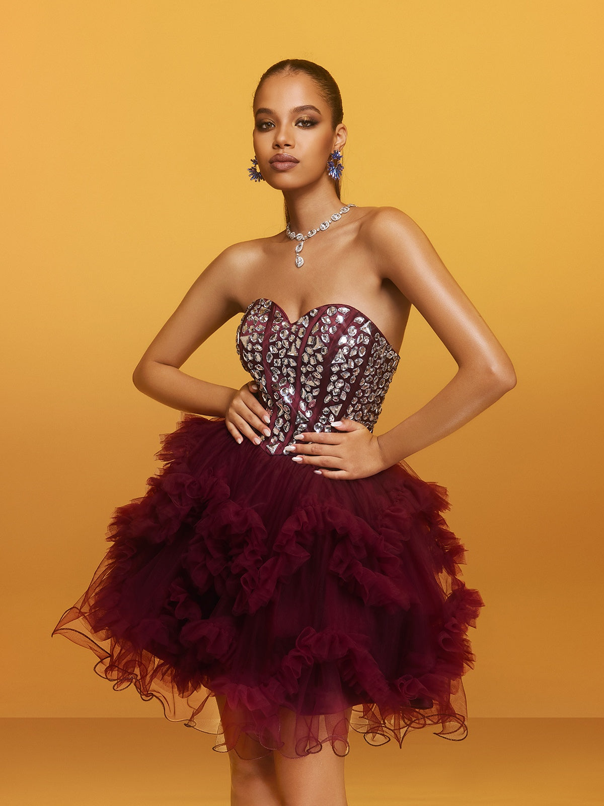 Strapless Rhinestone Bustier Tiered Tulle Ruffle Mini Dress