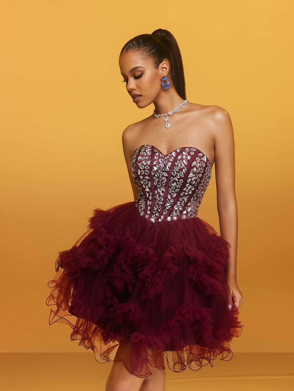 Strapless Rhinestone Bustier Tiered Tulle Ruffle Mini Dress