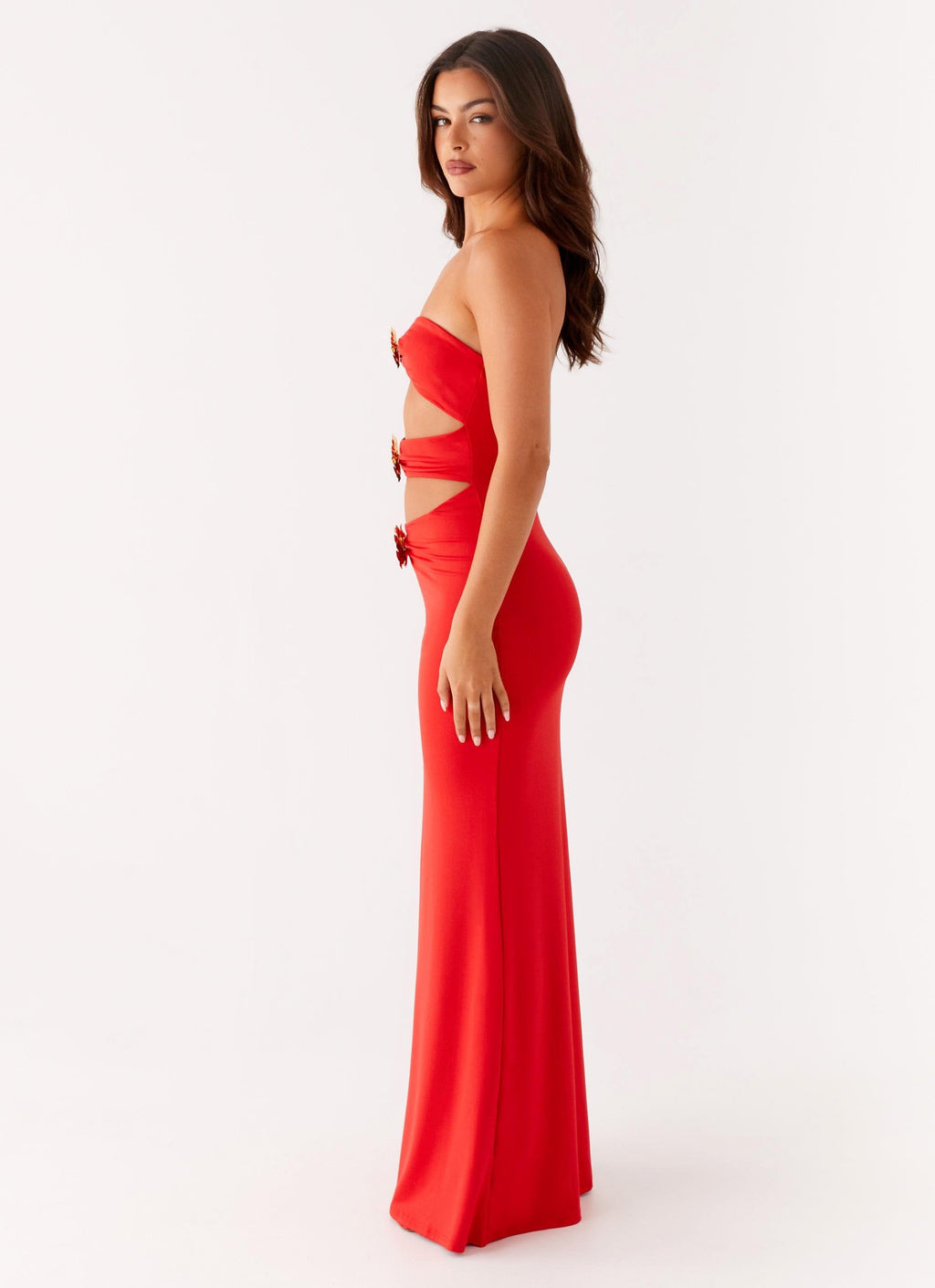Strapless Cut Out Floral Applique Bandeau Bodycon Maxi Dress