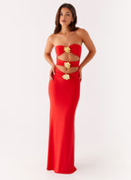 Strapless Cut Out Floral Applique Bandeau Bodycon Maxi Dress