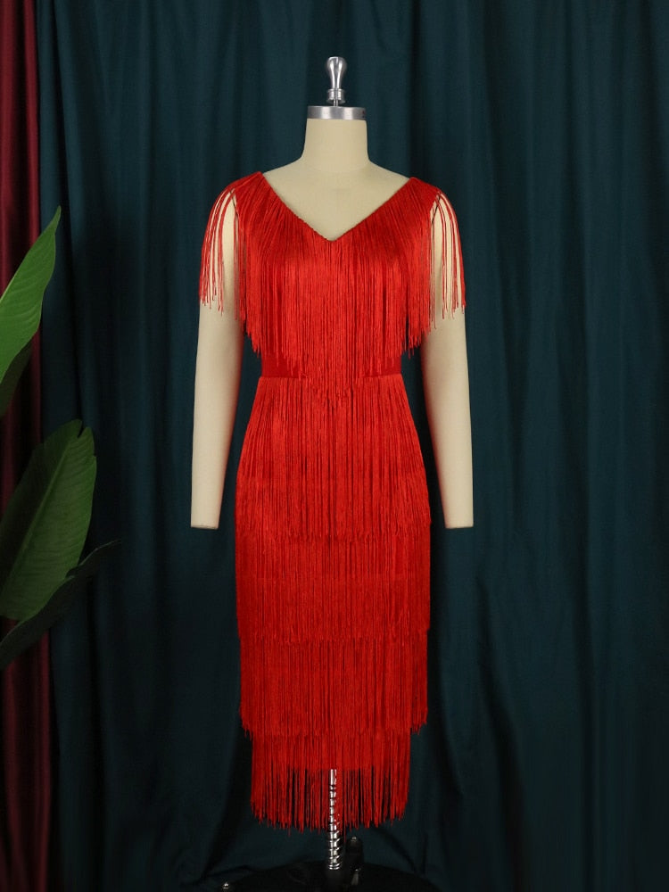DressBetty - Red Tassel Dresses Sexy V-Neck Fringe Cocktail Event Party Outfits