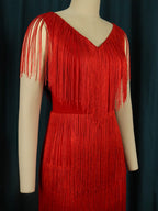 DressBetty - Red Tassel Dresses Sexy V-Neck Fringe Cocktail Event Party Outfits