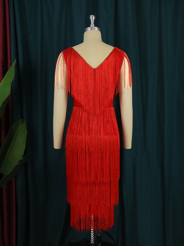 DressBetty - Red Tassel Dresses Sexy V-Neck Fringe Cocktail Event Party Outfits