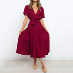 Deep V-Neck Flutter Sleeve Tie Waist Tiered Midi Dress