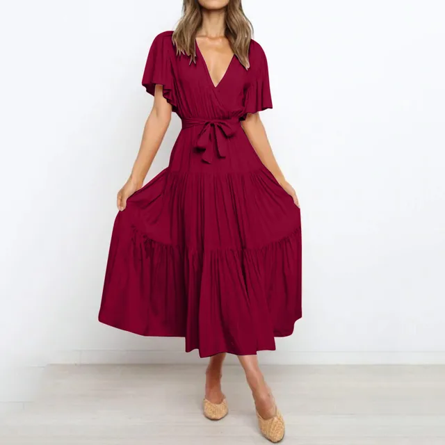 Deep V-Neck Flutter Sleeve Tie Waist Tiered Midi Dress