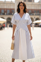 V Neck Striped Print Patchwork Dress