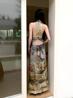 Halter Neck Renaissance Print Ruched Waist Maxi Dress