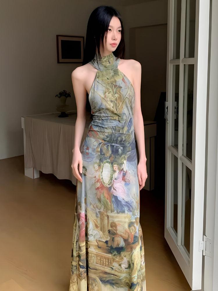 Halter Neck Renaissance Print Ruched Waist Maxi Dress