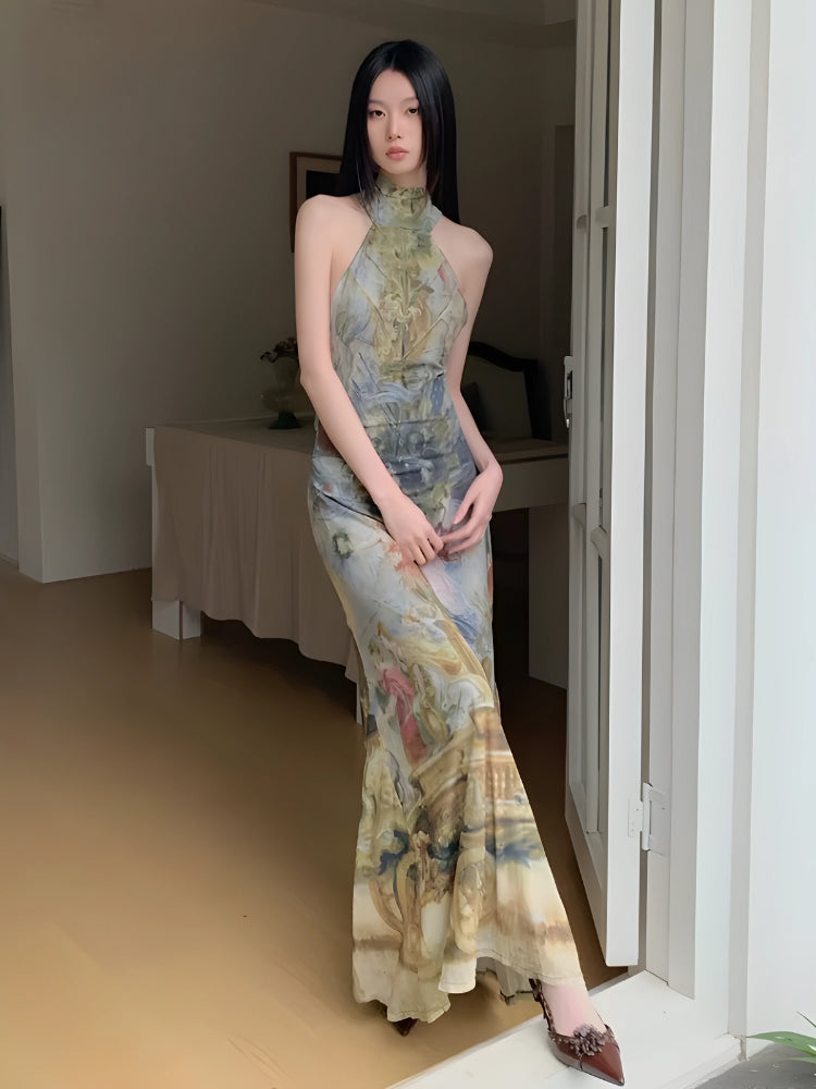Halter Neck Renaissance Print Ruched Waist Maxi Dress