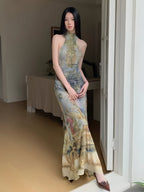 Halter Neck Renaissance Print Ruched Waist Maxi Dress