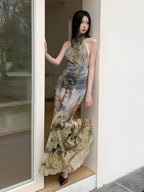 Halter Neck Renaissance Print Ruched Waist Maxi Dress
