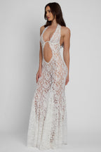 Halter Neck Plunging Cutout Floral Lace Mermaid Maxi Gown