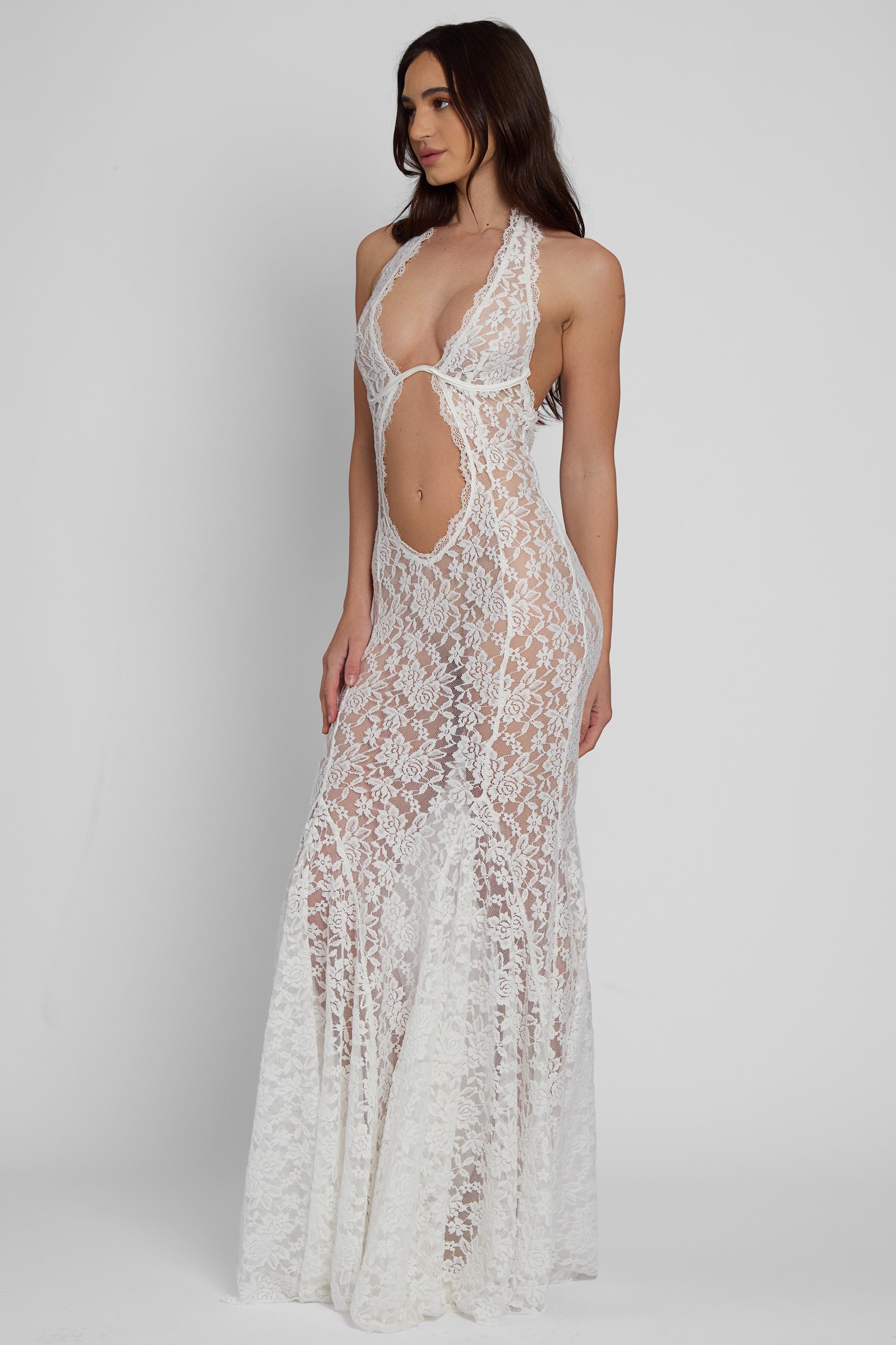 Halter Neck Plunging Cutout Floral Lace Mermaid Maxi Gown