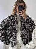 Retro Leopard Print Cotton Autumn Chic O-neck Long Sleeve Zipper Warm Coat
